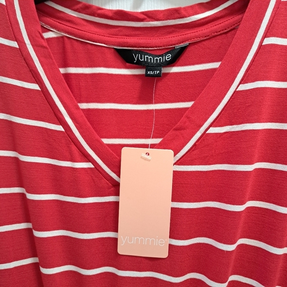 ❤️ New! Yummie Striped Dress Red And White Stripes V-neck XS Short Sleeved Dress - Picture 7 of 13
